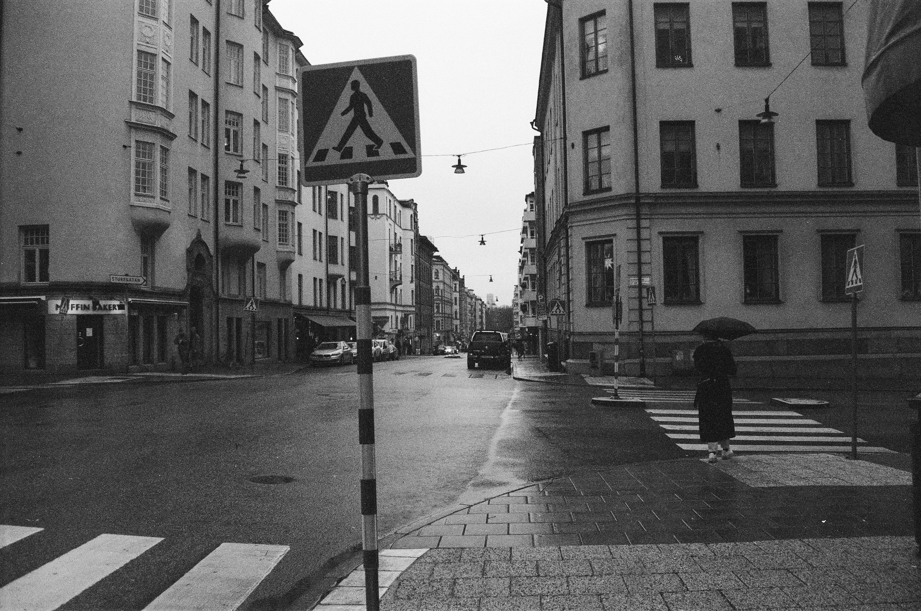 grayscale photo of pedestrian crossing sign